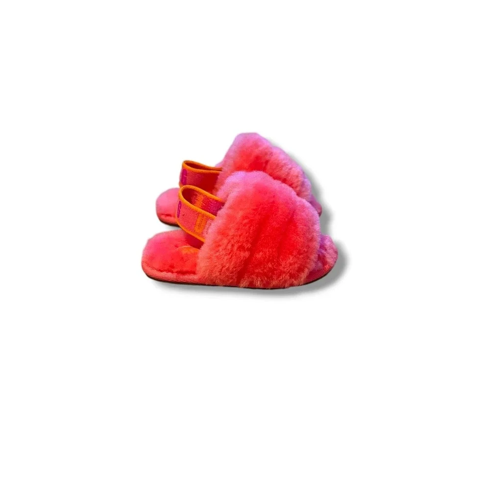 UGG Fluff Yeah Slide Sandals Toddler Size 6 Neon Pink Orange Sheepskin Slingback